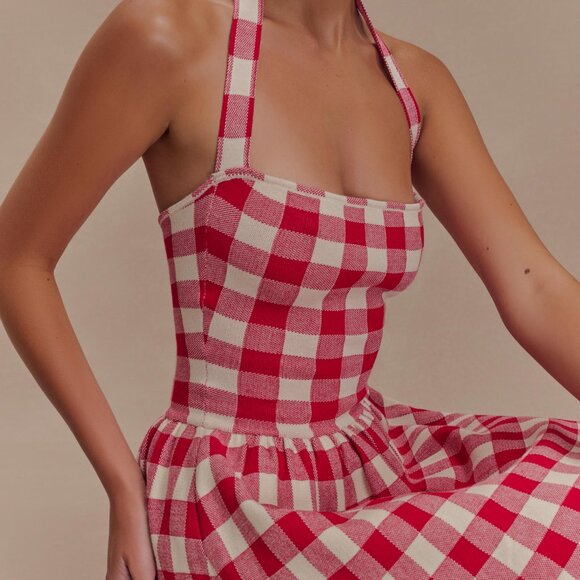 Meshki Lindsay Halter Knit Mini Dress - Red Gingham - Picture 2 of 4